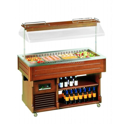 Commercial Marble Island Refrigerator Wooden Salad Bar Table Fruit Salad Showcase Freezer For Buffet